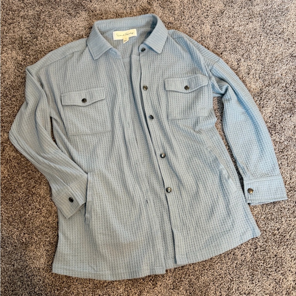French Laundry Light Blue Waffle-Knit Button-Up Shacket